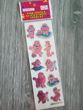 VINTAGE PINK POODLE GLITTER SHEET STICKERS DOG 1980S MADE IN TAIWAN UNBRANDED